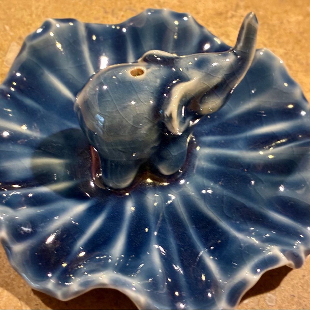 Blue Ceramic Elephant Incense Holder or Ring Dish